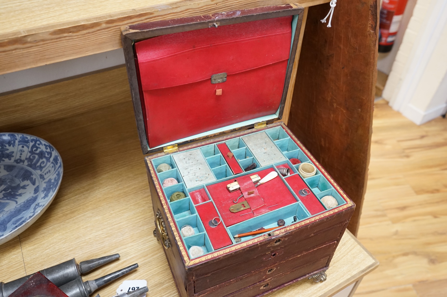 A Regency Morocco leather sewing and writing casket, 26cm and a Chinese Feng shui compass